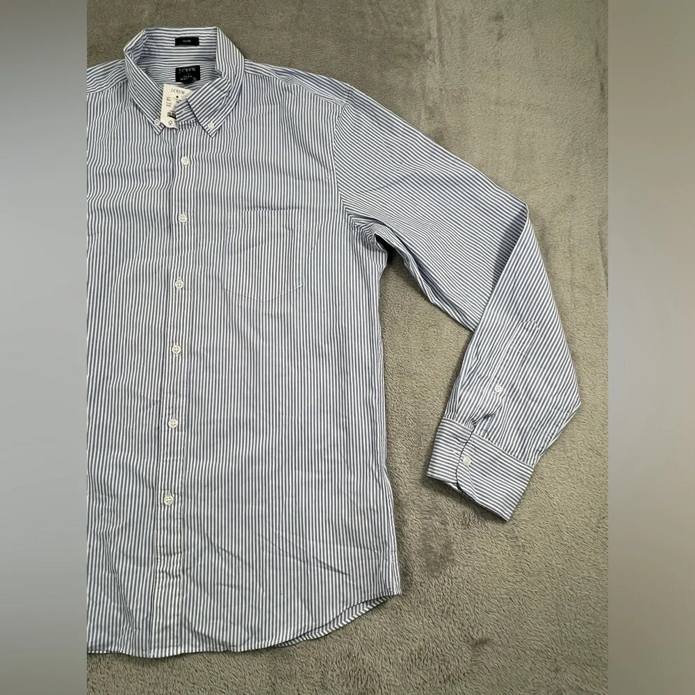 NEW J Crew L Slim Flex Washed Men's Blue White Striped Classic Long Sleeve Shirt